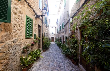 Beautiful street in Valldemossa, famous old mediterranean village of Majorca Spain