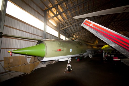 KOTKA, FINLAND - AUGUST 3, 2017: Interior view of The Aviation Museum in Kotka. The exhibition presents historic military aircraft used by the Finnish Air Forceのeditorial素材