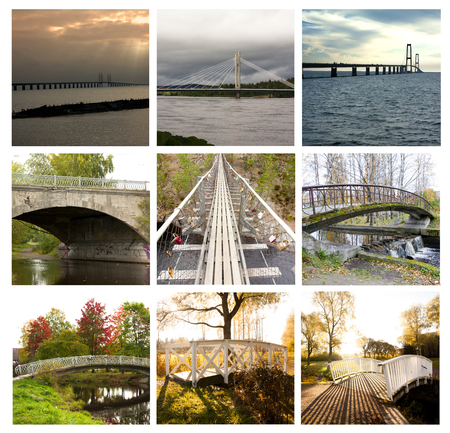 Collage of beautiful bridges in Russia, Finland, Sweden and Denmark. 14 August 2018 Kouvola, Finland