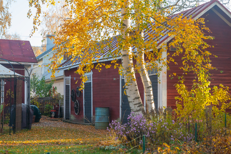 KOUVOLA, FINLAND - OCTOBER 15, 2018: Beautiful autumn in old rustic museum district of Kouvola - Kaunisnurmi.のeditorial素材