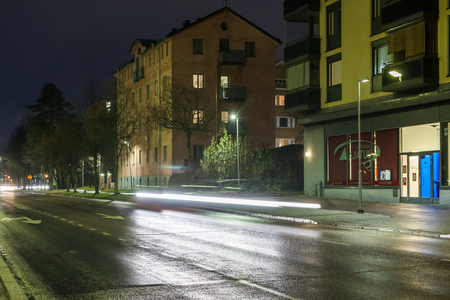 KOUVOLA, FINLAND - NOVEMBER 8, 2018: Long exposure photo. Night traffic on streets of Kouvola, Finlandのeditorial素材