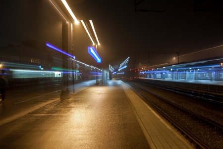 KOUVOLA, FINLAND - NOVEMBER 7, 2018: Abstract night scene of Kouvola railway station in zoom blur effectのeditorial素材