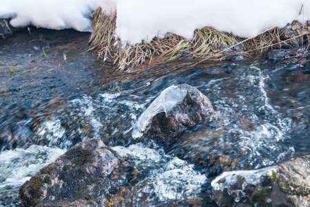 Melting ice on rough river. Spring is coming.の写真素材