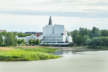 Helsinki, Finland - June 12, 2019: Toolo bay in the City Park in Helsinki, Finlandia Hall congress and event venue can be seen across the waterのeditorial素材