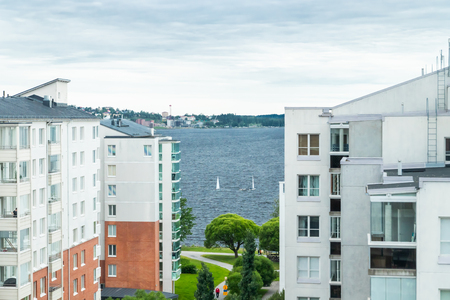 Tampere, Finland - June 25 2019: City view and boats on lake Nasijarviのeditorial素材