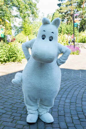 Naantali, Finland - 28 June, 2019: Moomintroll in park Moominworld at sunny summer day.のeditorial素材