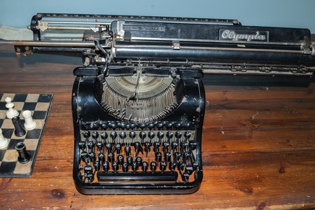 Naantali, Finland - 28 June, 2019: Typewriter of Moominpappa in park Moominworld.のeditorial素材