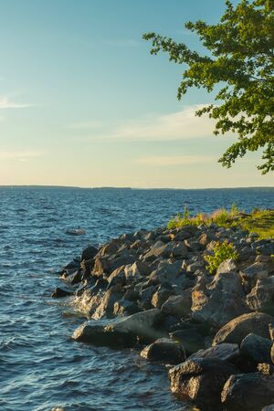 Coast of lake Nasijarvi at sunset in Tampere, Finlandの写真素材