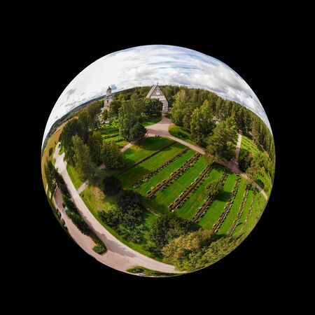A three dimensional panoramic view of the medieval greystone Church of St. Mary in Hollola, Finland in a mini planet panorama style.の写真素材