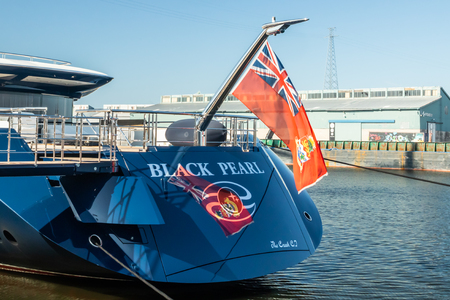 Kotka, Finland - 28 August 2019: Super luxury yacht Black Pearl moored in port of Kotkaのeditorial素材