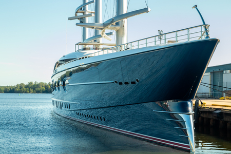 Kotka, Finland - 28 August 2019: Super luxury yacht Black Pearl moored in port of Kotkaのeditorial素材