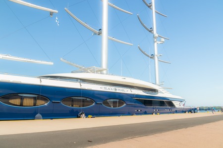 Kotka, Finland - 28 August 2019: Super luxury yacht Black Pearl moored in port of Kotkaのeditorial素材