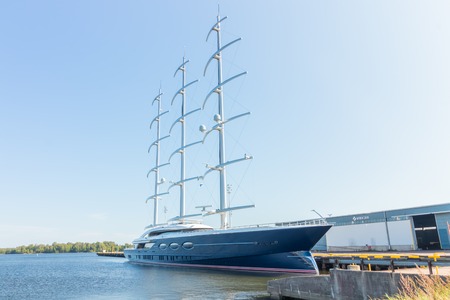 Kotka, Finland - 28 August 2019: Super luxury yacht Black Pearl moored in port of Kotka