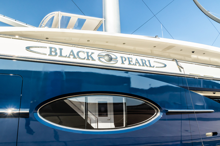 Kotka, Finland - 28 August 2019: Super luxury yacht Black Pearl moored in port of Kotkaのeditorial素材