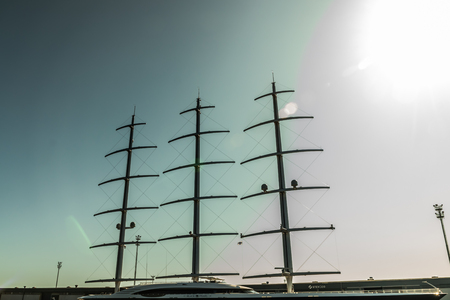 Kotka, Finland - 28 August 2019: Masts of super luxury yacht Black Pearl in port of Kotka