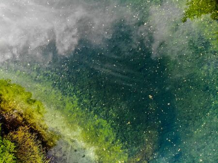 Aerial view of mystically turquoise coloured spring Kiikunlahde in Hollola, Finland