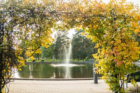 A park in the city center with a pond and a fountain, Kouvola, Finlandの写真素材