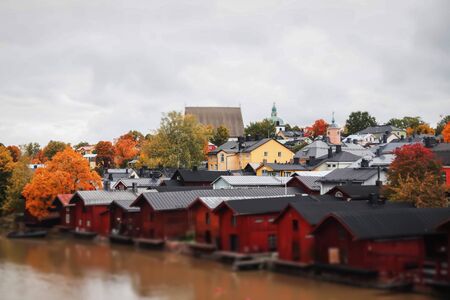 View of old Porvoo, Finland. Beautiful city autumn landscape with Porvoo Cathedral and colorful wooden buildings.の写真素材