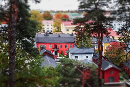 View of old Porvoo, Finland. Beautiful city autumn landscape with colorful wooden buildings.の写真素材