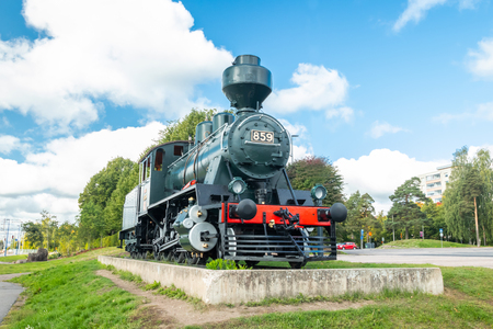 Kouvola, Finland - 22 September, 2019: Old steam locomotive as an exhibit at the Kouvola railway station in Finland.のeditorial素材
