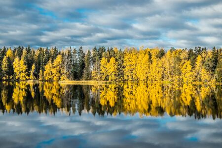 Beautiful autumn morning landscape of Kymijoki river waters. Finland, Kymenlaakso, Kouvola