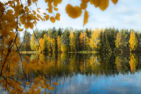 Beautiful autumn morning landscape of Kymijoki river waters. Finland, Kymenlaakso, Kouvolaの写真素材