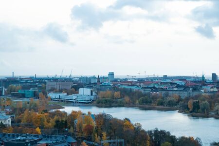 Aerial view of Helsinki Center at autumn cloudy evening.