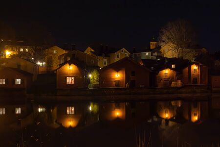 Night view of old Porvoo at autumn, Finland.の写真素材