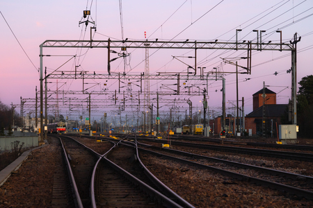 Kouvola, Finland - 15 November 2019: Railway yard at beautiful sunset background.のeditorial素材