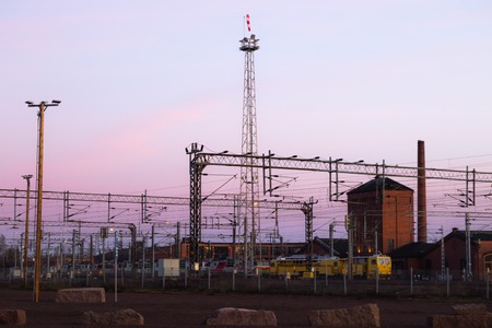Kouvola, Finland - 15 November 2019: Railway yard at beautiful sunset background.のeditorial素材