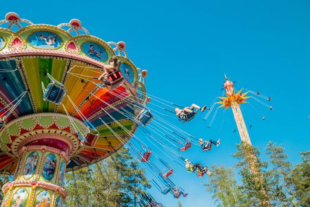 Kouvola, Finland - 18 May 2019: Ride Swing Carousel in motion in amusement park Tykkimakiのeditorial素材