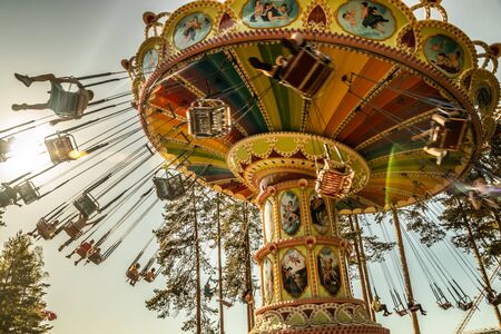 Kouvola, Finland - 18 May 2019: Ride Swing Carousel in motion in amusement park Tykkimakiのeditorial素材