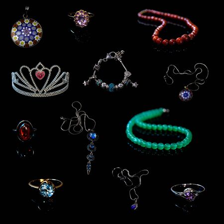 Beautiful jewelry collection on black background. Full size.の写真素材