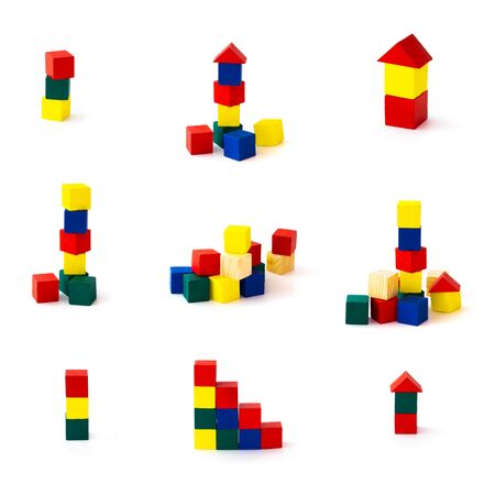 Set of toy wooden building blocks on white background. Full size.の写真素材
