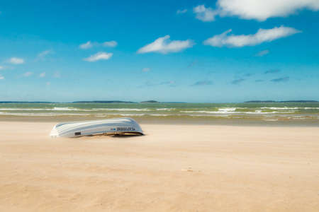 Pori, Finland - 27 June, 2019: Lifeboat on beautiful sandy beach Yyteri at summer, in Pori, Finlandのeditorial素材