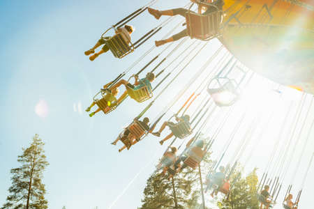 Kouvola, Finland - 18 May 2019: Ride Swing Carousel in motion in amusement park Tykkimakiのeditorial素材