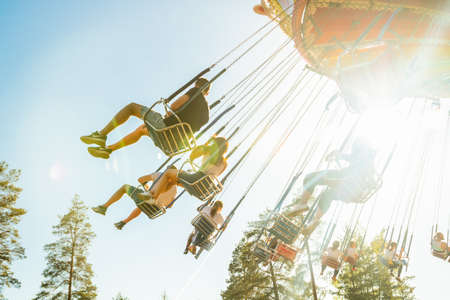 Kouvola, Finland - 18 May 2019: Ride Swing Carousel in motion in amusement park Tykkimakiのeditorial素材