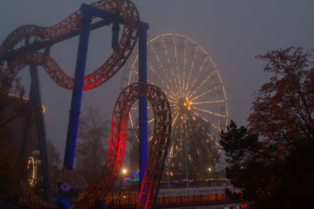 HELSINKI, FINLAND -OCTOBER 12, 2018: The Carnival of Light event at the Linnanmaki amusement park in Helsinki, Finland. Ride Kirnu.のeditorial素材