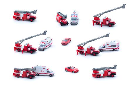 Collage of toy Fire Truck, Ambulance and red car isolated on white background.