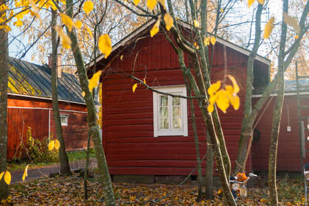 KOUVOLA, FINLAND - OCTOBER 15, 2018: Beautiful autumn in old rustic museum district of Kouvola - Kaunisnurmi.のeditorial素材