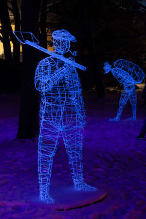 Kouvola, Finland - 30 November 2019: Light figures of characters in winter park at night.のeditorial素材
