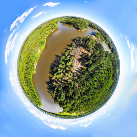 A three dimensional panoramic view of rapid Ahvionkoski at Kymijoki river, Finland, in a mini planet...