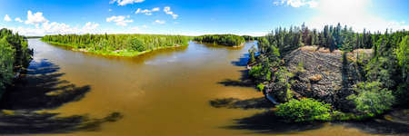Aerial panoramic summer view of rapid Ahvionkoski at river Kymijoki, Finland.の写真素材