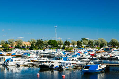 Kotka, Finland - 22 June 2020: A view on the parking of boats and yachts in the gulf Sapokka.のeditorial素材
