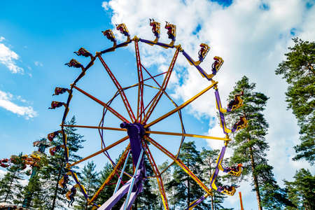 Kouvola, Finland - 14 July 2020: Extreme ride Endeavor in motion in amusement park Tykkimaki