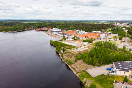 Aerial panoramic view of city Inkeroinen at river Kymijoki, Finland.の写真素材