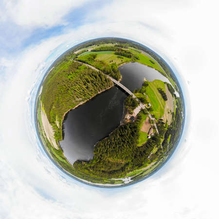 A three dimensional aerial panoramic view of rapid Susikoski at river Kymijoki, Finland, in a mini planet panorama style.の写真素材