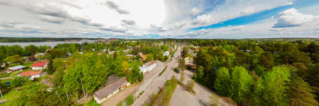 Aerial panoramic view of city Inkeroinen at river Kymijoki, Finland.