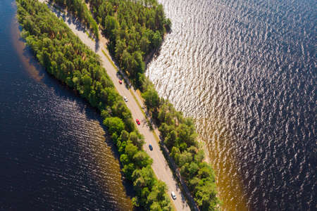 Aerial view of Pulkkilanharju Ridge on lake Paijanne, Paijanne National Park, Finland.の写真素材