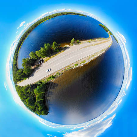 Aerial panoramic view in form of small planet of Pulkkilanharju Ridge on lake Paijanne, Paijanne National Park, Finland. Drone photographyの写真素材